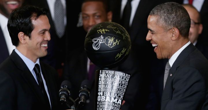 Miami Heat coach Erik Spoelstra has a moment with President Obama.