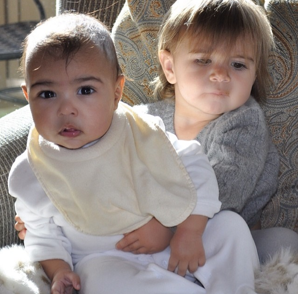 Kim shared this photo of a newborn North with her cousin Penelope in January.