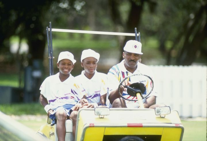 Venus, Serena, and Richard ride around at tennis camp in 1992.