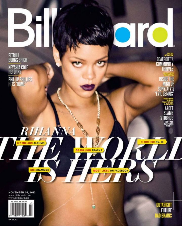 Rihanna sports a darker look for Billboard in 2013.