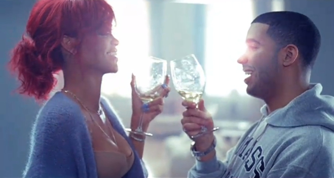 Rihanna and Drake toasted on the set of her video “What’s My Name?”