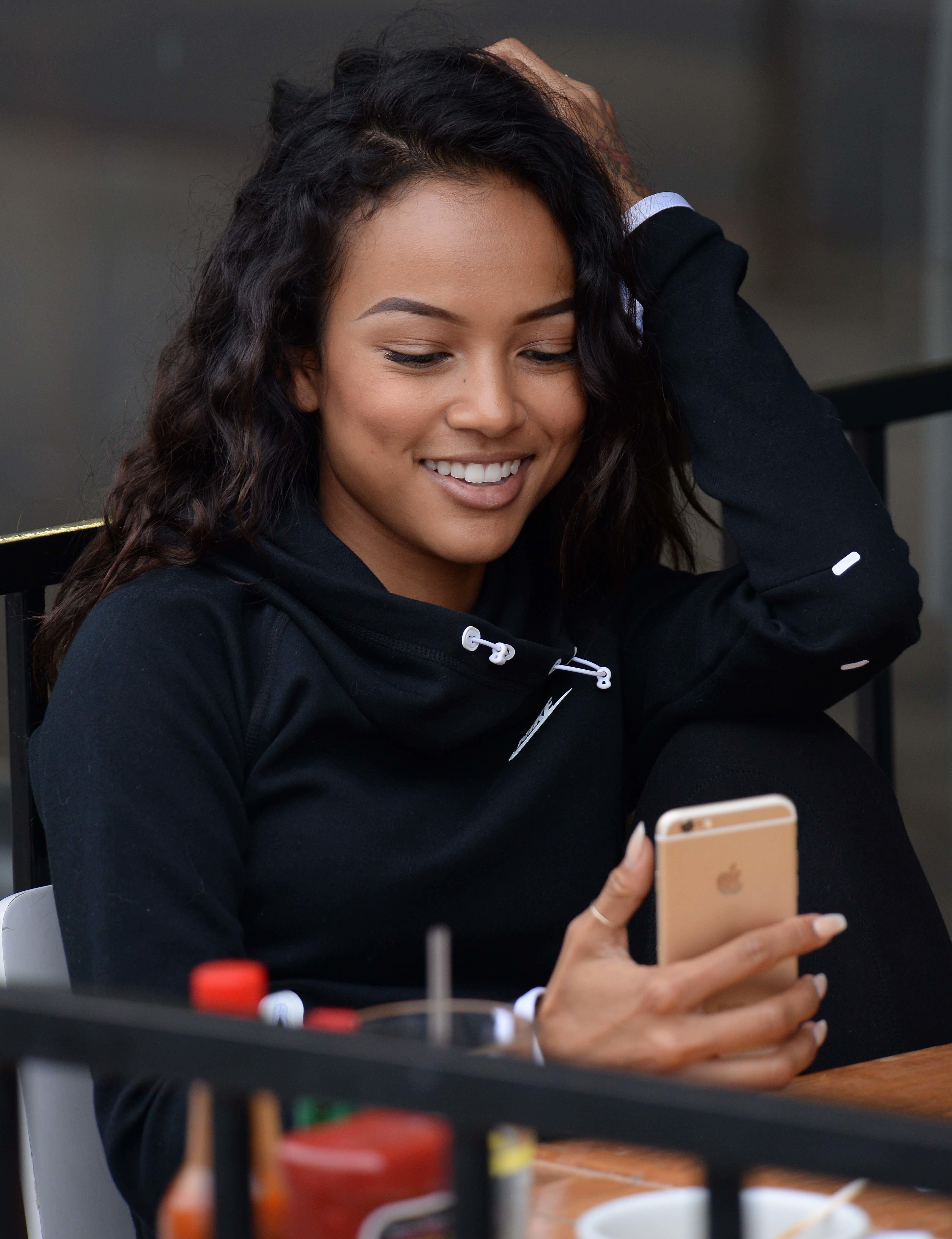 Karrueche Tran enjoys mimosas and lunch with friends at Jack and Jills Restaurant in Beverly Hills, Ca