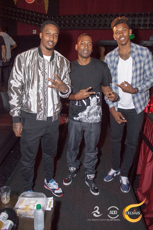 Brandon Jennings, Tony Rock, and Nick Young pose for the camera at the All Def Comedy Live Event sponsored by The Brand Group.