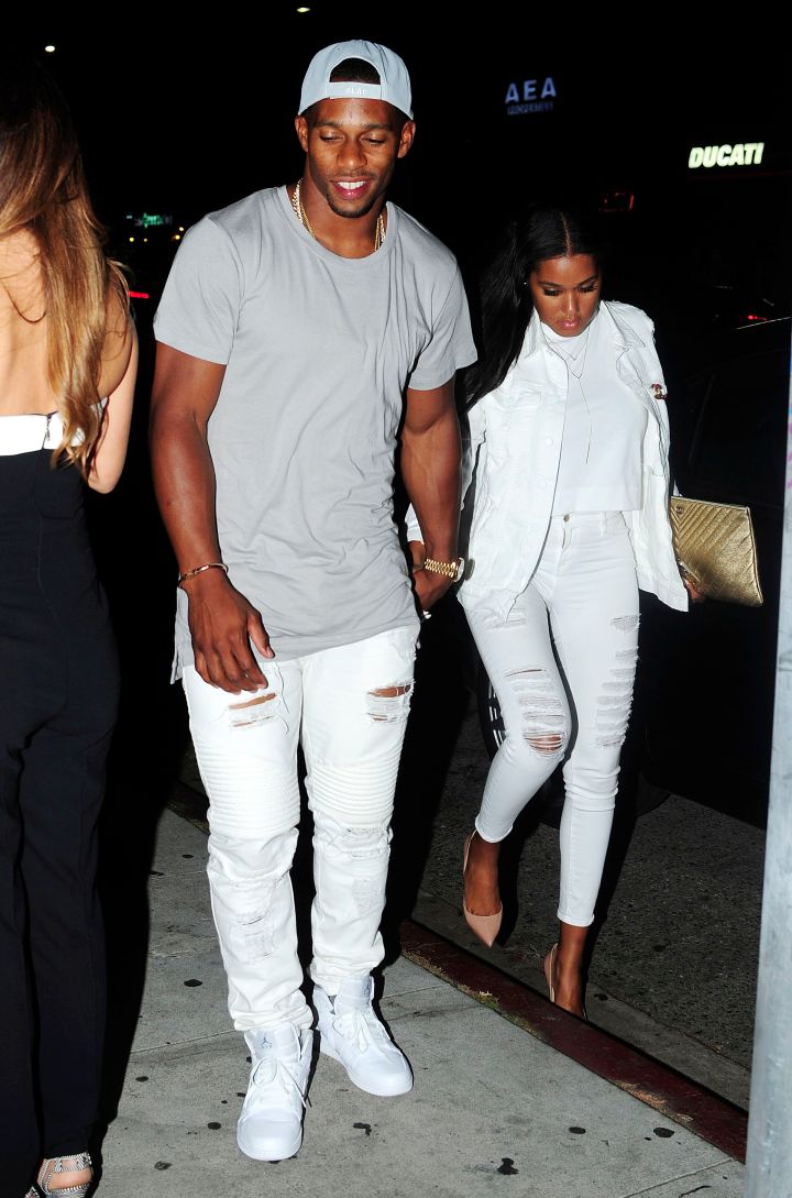 Giants star Victor Cruz and fiancee Elaina Watley wore white out in Los Angeles.