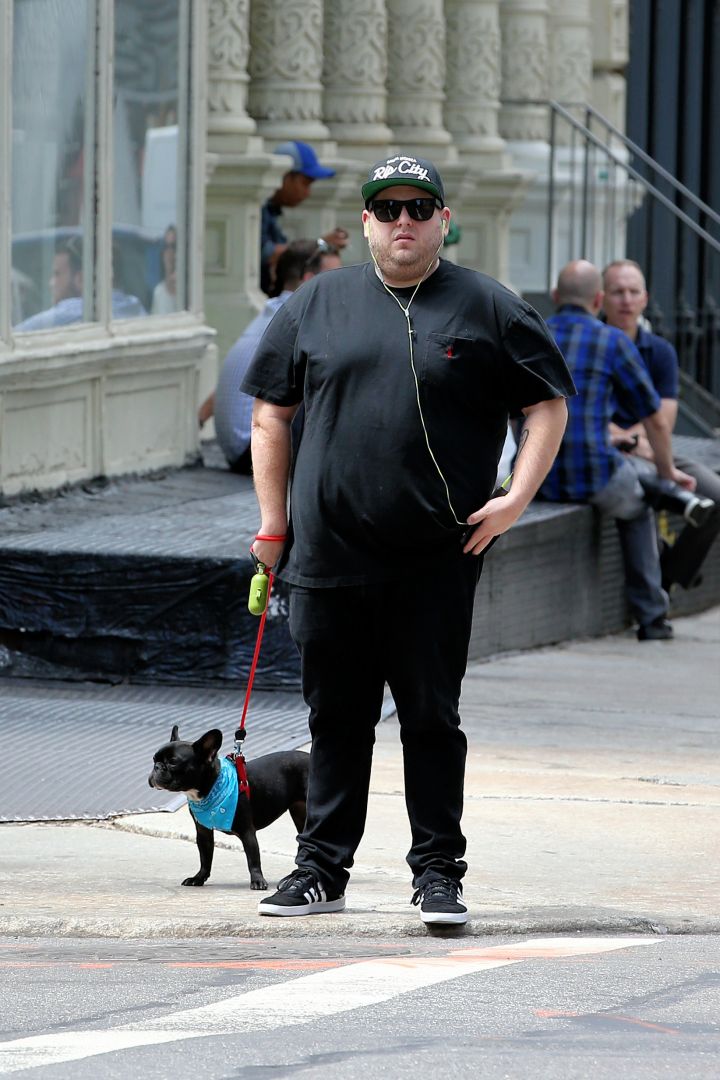 Twinsies! Jonah Hill walks his dog Carmela around the block and stops at a grocery store in NYC.