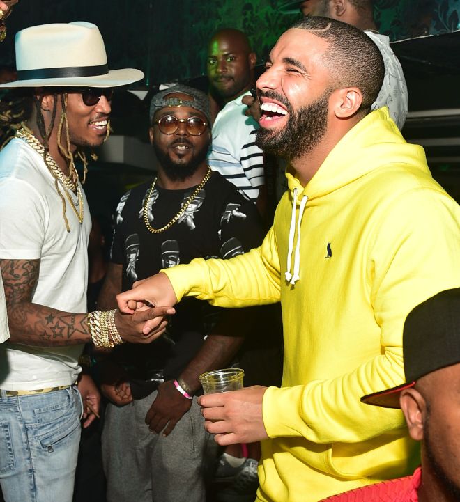 Kanye West parties in Atlanta with rappers Drake, 2 Chainz and Future.