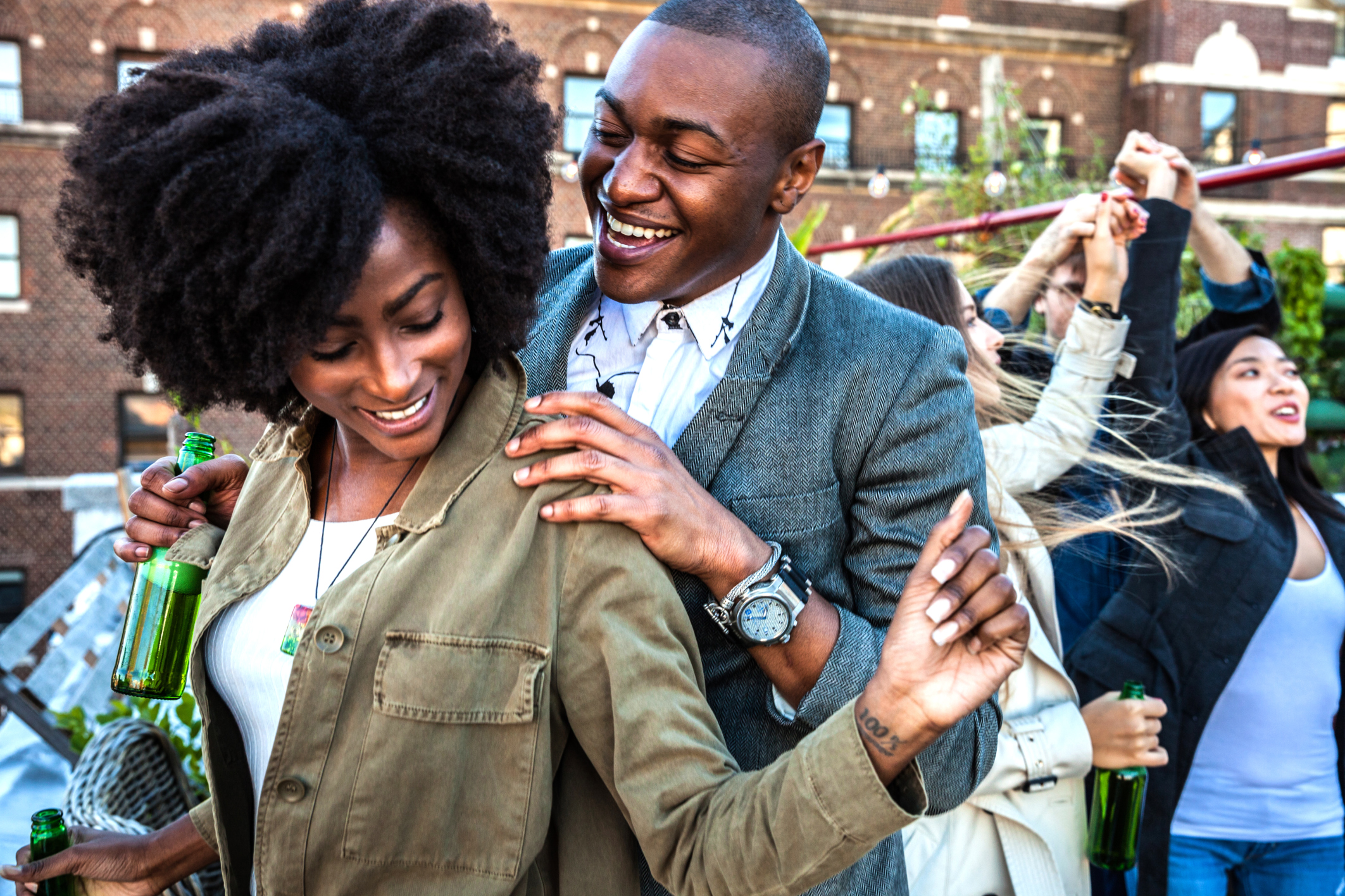 Lovely couple party on a rooftop in New York Manhattan