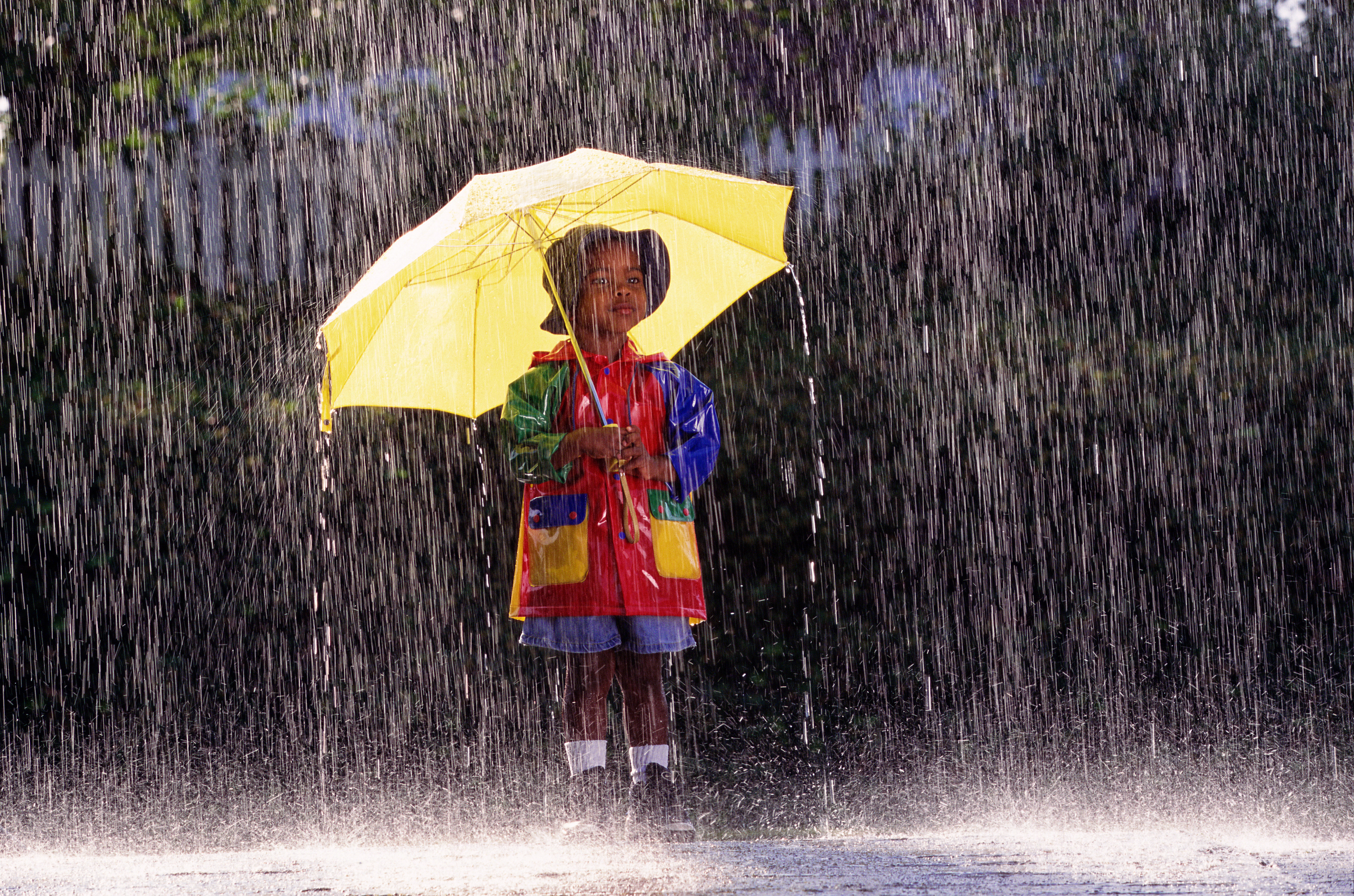 Boy (4-6) wearing raincoat, standing under umbrella in rain