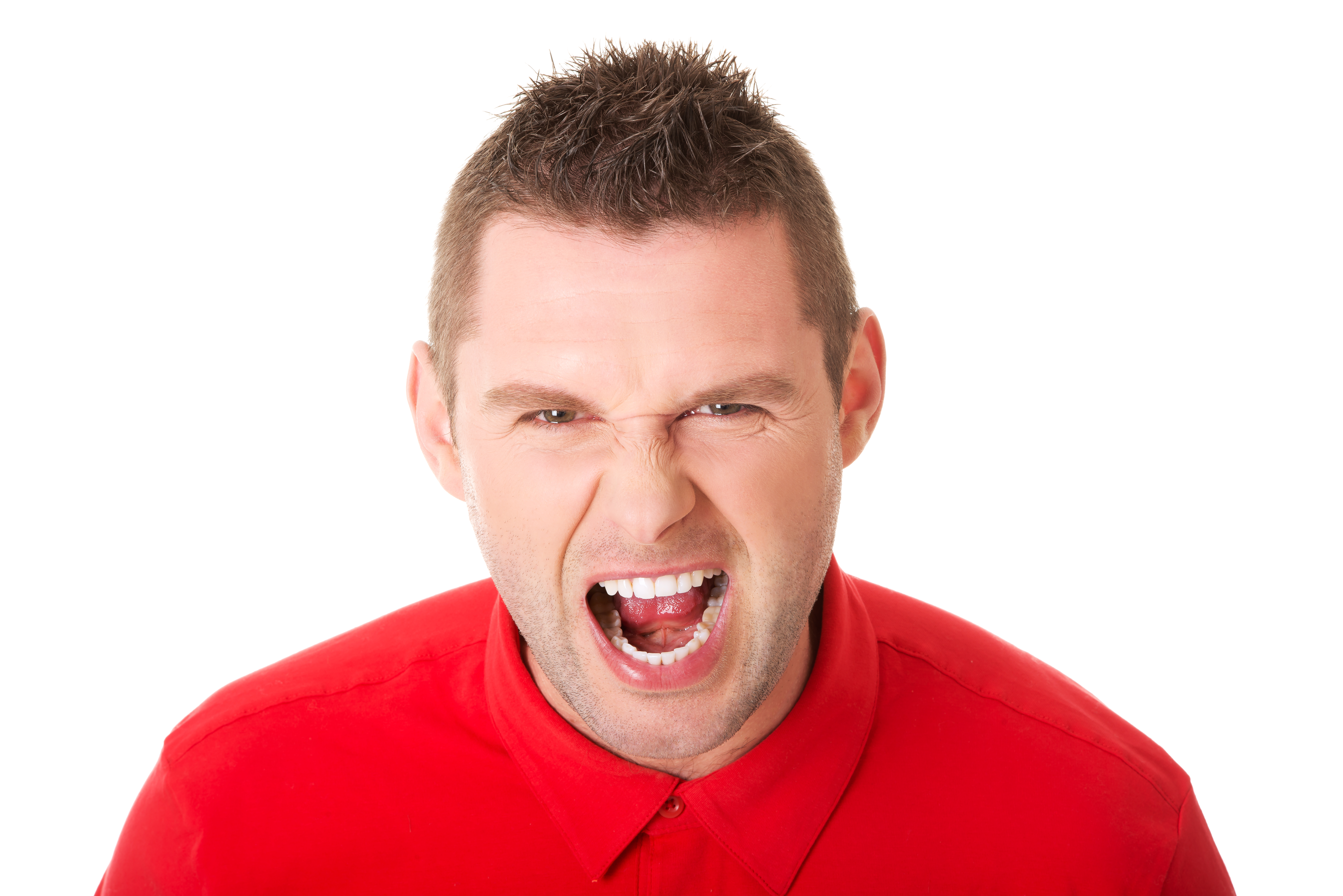 Portrait Of Man Screaming Against White Background