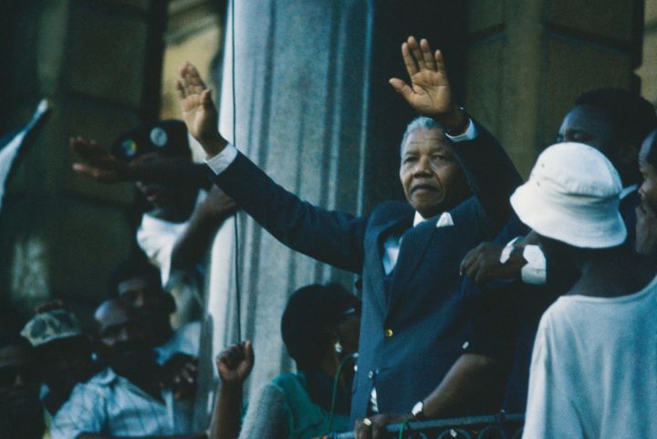 Mandela greets supporters after his release from prison.
