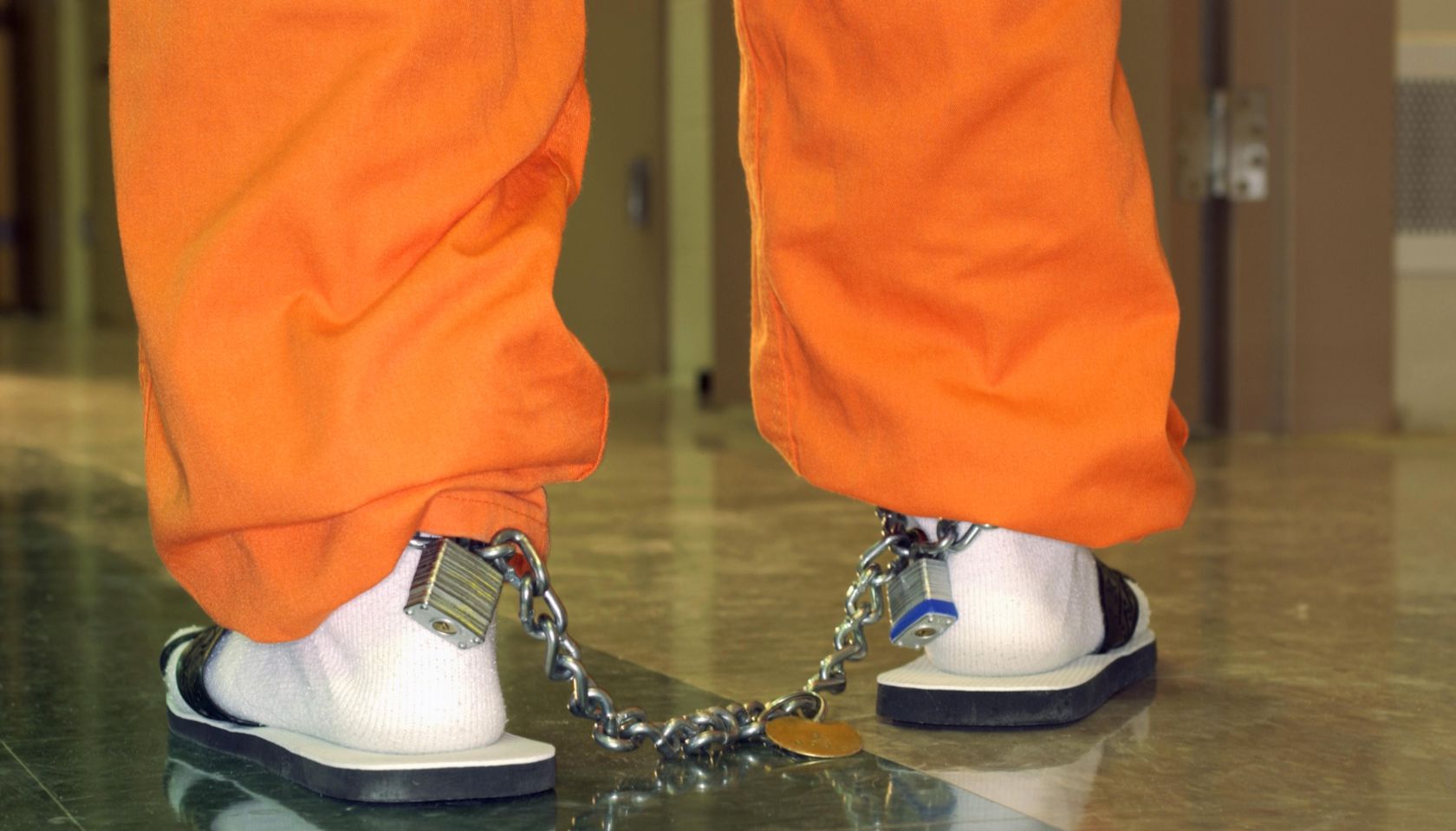 Shackles on legs of inmate