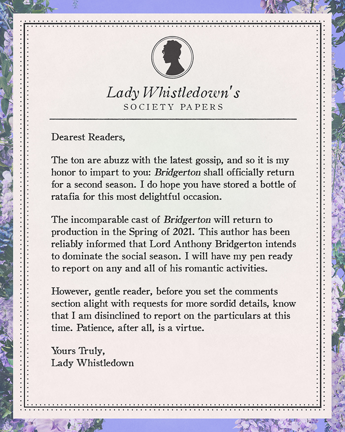 Lady Whistledown's society paper — Bridgerton season 2 announcement