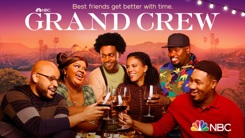 Grand Crew Key art and episodic stills featuring Nicole Byers, Echo Kellum, Justin Cunningham, Aaron Taylor Jennings, Carl Tart, Grasie Mercedies