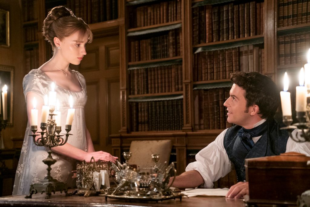 Phoebe Dyvenor as Daphne Basset, Jonathan Bailey as Anthony Bridgerton in episode 203 of Bridgerton