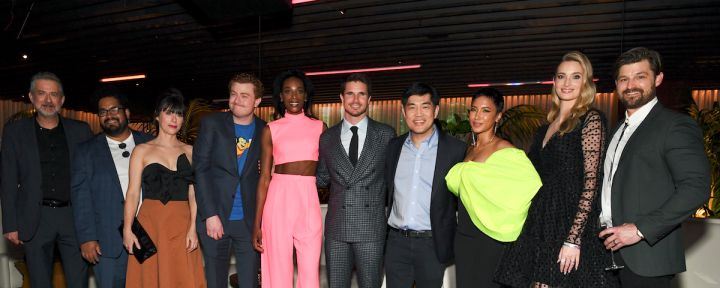 Greg Daniels, Josh Banday, Andrea Rosen, Owen Daniels, Zainab Johnson, Robbie Amell, Amazon Studios COO Albert Cheng, Andy Allo, Allegra Edwards, and Kevin Bigley attend The Season Two Celebration of Upload on Prime Video was held at the West Hollywood EDI