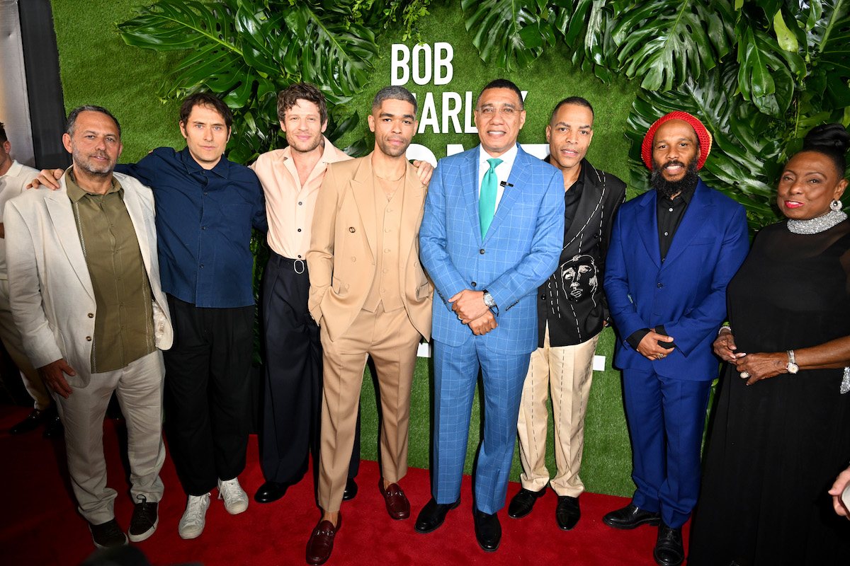 Robert Teitel, Jeremy Kleiner, James Norton, Kingsley Ben-Adir, Andrew Holness, Reinaldo Marcus Green, Ziggy Marley and Olivia Grange attend the Premiere of “Bob Marley: One Love” at the Carib 5 Theatre on January 23, 2024 in Kingston, Jamaica.